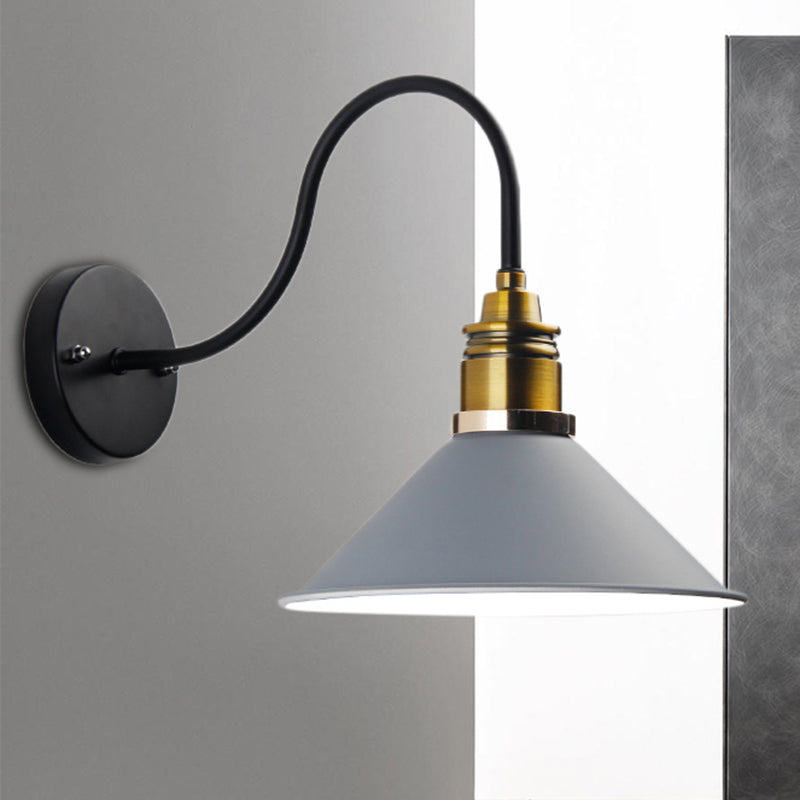 1 Light Pendant Lighting Industrial Metal Cone Bronze/Black/White Hanging Lamp for Indoor with Curved Arm Clearhalo 'Art deco wall lights' 'Cast Iron' 'Glass' 'Industrial wall lights' 'Industrial' 'Middle century wall lights' 'Modern' 'Rustic wall lights' 'Tiffany' 'Traditional wall lights' 'Wall Lamps & Sconces' 'Wall Lights' Lighting' 205251