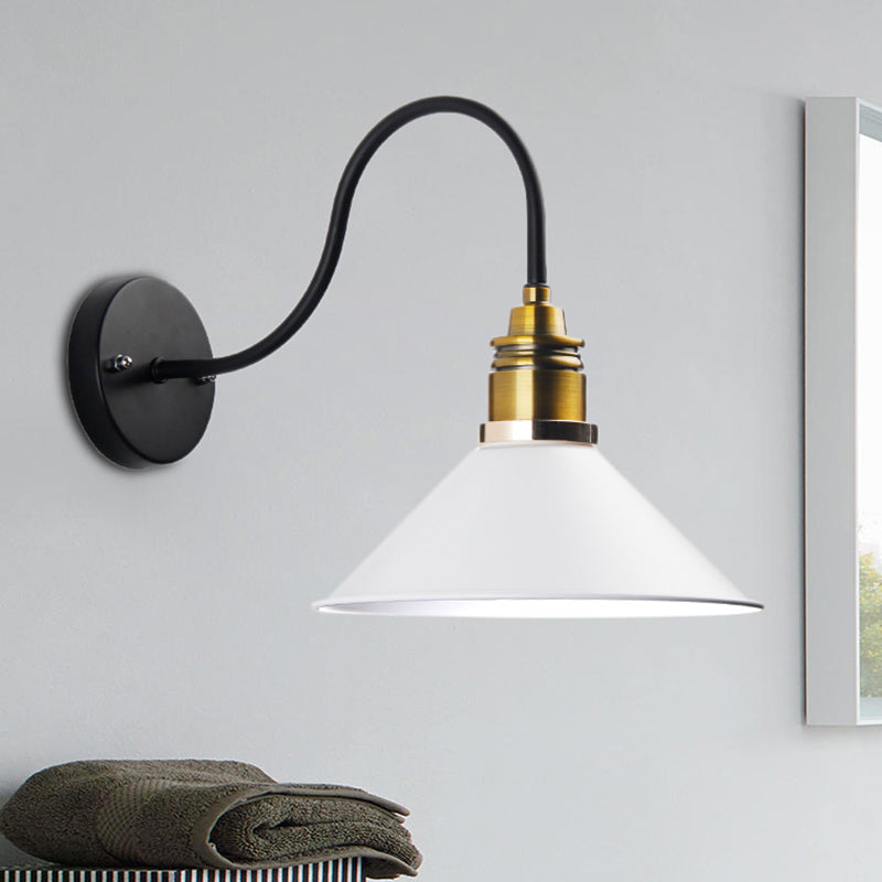 1 Light Pendant Lighting Industrial Metal Cone Bronze/Black/White Hanging Lamp for Indoor with Curved Arm Clearhalo 'Art deco wall lights' 'Cast Iron' 'Glass' 'Industrial wall lights' 'Industrial' 'Middle century wall lights' 'Modern' 'Rustic wall lights' 'Tiffany' 'Traditional wall lights' 'Wall Lamps & Sconces' 'Wall Lights' Lighting' 205254