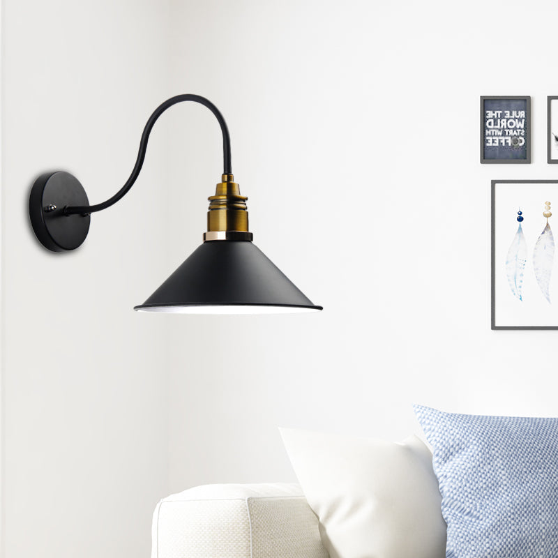 1 Light Pendant Lighting Industrial Metal Cone Bronze/Black/White Hanging Lamp for Indoor with Curved Arm Black Clearhalo 'Art deco wall lights' 'Cast Iron' 'Glass' 'Industrial wall lights' 'Industrial' 'Middle century wall lights' 'Modern' 'Rustic wall lights' 'Tiffany' 'Traditional wall lights' 'Wall Lamps & Sconces' 'Wall Lights' Lighting' 205259