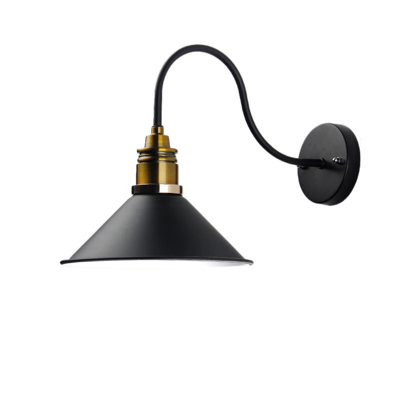 1 Light Pendant Lighting Industrial Metal Cone Bronze/Black/White Hanging Lamp for Indoor with Curved Arm Clearhalo 'Art deco wall lights' 'Cast Iron' 'Glass' 'Industrial wall lights' 'Industrial' 'Middle century wall lights' 'Modern' 'Rustic wall lights' 'Tiffany' 'Traditional wall lights' 'Wall Lamps & Sconces' 'Wall Lights' Lighting' 205261