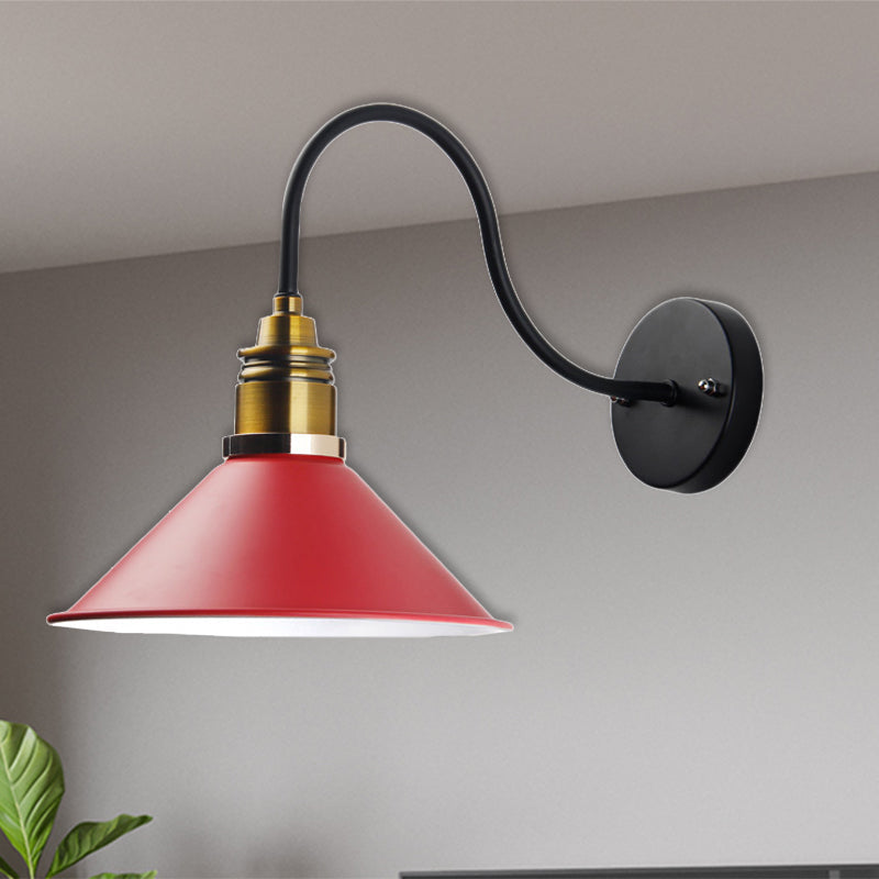 1 Light Pendant Lighting Industrial Metal Cone Bronze/Black/White Hanging Lamp for Indoor with Curved Arm Red Clearhalo 'Art deco wall lights' 'Cast Iron' 'Glass' 'Industrial wall lights' 'Industrial' 'Middle century wall lights' 'Modern' 'Rustic wall lights' 'Tiffany' 'Traditional wall lights' 'Wall Lamps & Sconces' 'Wall Lights' Lighting' 205262
