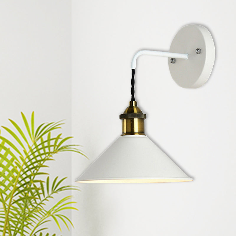 Cone Shade Metal Sconce Lighting Industrial Single Bulb Living Room Wall Mounted Lamp in Black/Grey/White White Clearhalo 'Art deco wall lights' 'Cast Iron' 'Glass' 'Industrial wall lights' 'Industrial' 'Middle century wall lights' 'Modern' 'Rustic wall lights' 'Tiffany' 'Traditional wall lights' 'Wall Lamps & Sconces' 'Wall Lights' Lighting' 205268