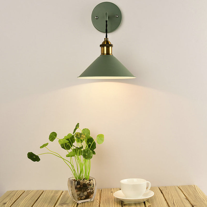 Cone Shade Metal Sconce Lighting Industrial Single Bulb Living Room Wall Mounted Lamp in Black/Grey/White Green Clearhalo 'Art deco wall lights' 'Cast Iron' 'Glass' 'Industrial wall lights' 'Industrial' 'Middle century wall lights' 'Modern' 'Rustic wall lights' 'Tiffany' 'Traditional wall lights' 'Wall Lamps & Sconces' 'Wall Lights' Lighting' 205272