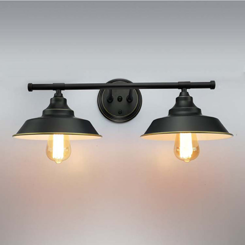 2 Lights Metal Wall Lamp Industrial Black Barn Living Room Sconce Light Fixture with Round Backplate Black Clearhalo 'Art deco wall lights' 'Cast Iron' 'Glass' 'Industrial wall lights' 'Industrial' 'Middle century wall lights' 'Modern' 'Rustic wall lights' 'Tiffany' 'Traditional wall lights' 'Wall Lamps & Sconces' 'Wall Lights' Lighting' 205347