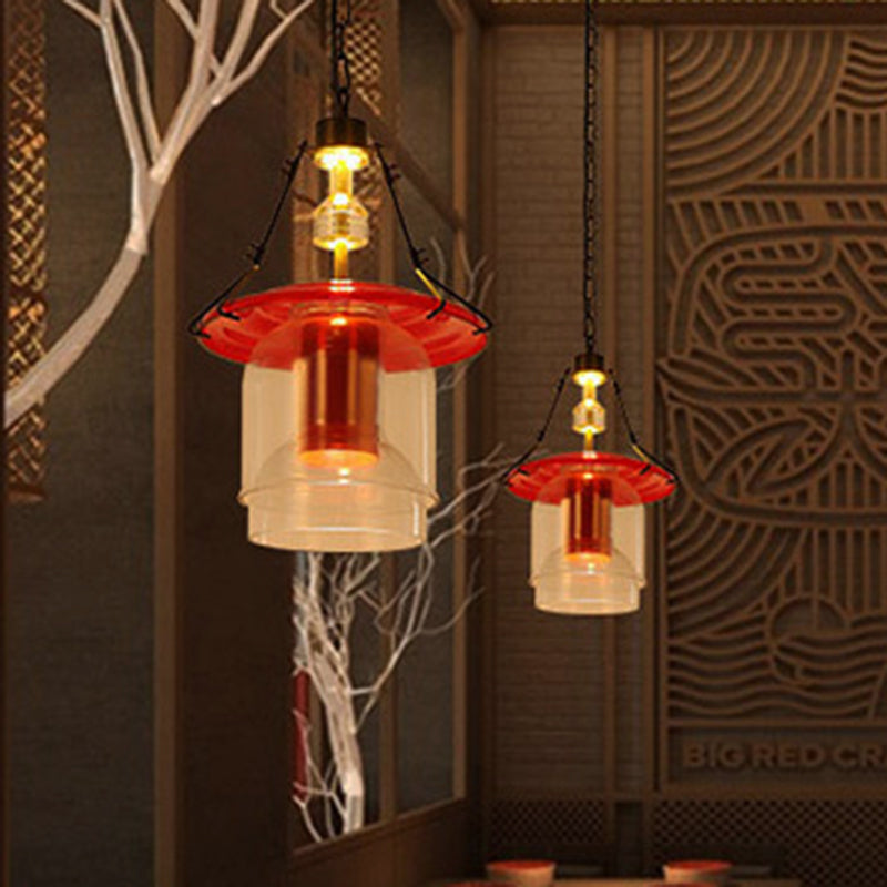 1 Light Cylinder/Cone Pendant Lighting Fixture Industrial Red Clear Glass Hanging Ceiling Light, 12"/19.5" Clearhalo 'Art Deco Pendants' 'Cast Iron' 'Ceiling Lights' 'Ceramic' 'Crystal' 'Industrial Pendants' 'Industrial' 'Metal' 'Middle Century Pendants' 'Pendant Lights' 'Pendants' 'Tiffany' Lighting' 205352