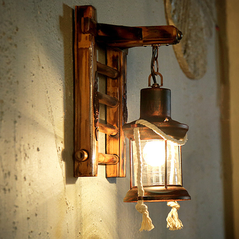 1 Light Kerosene Wall Lamp Vintage Bronze Clear Glass Sconce Light Fixture for Indoor with Bamboo Backplate Clearhalo 'Art deco wall lights' 'Cast Iron' 'Glass' 'Industrial wall lights' 'Industrial' 'Middle century wall lights' 'Modern' 'Rustic wall lights' 'Tiffany' 'Traditional wall lights' 'Wall Lamps & Sconces' 'Wall Lights' Lighting' 205703