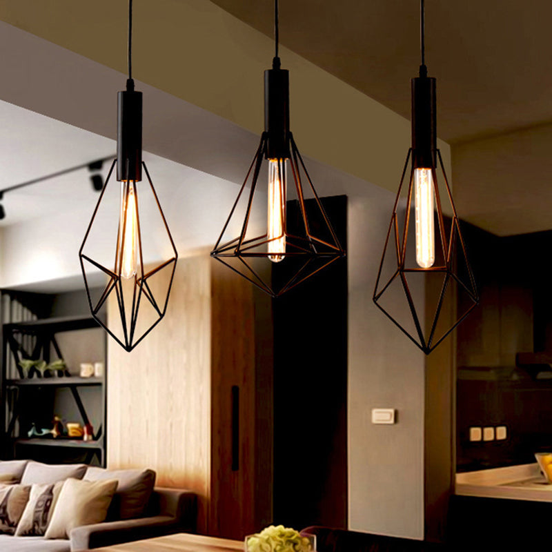 Iron Diamond Shaped Pendant Light Antique 1-Light Dining Room Hanging Light Fixture in Black Clearhalo 'Art Deco Pendants' 'Black' 'Cast Iron' 'Ceiling Lights' 'Ceramic' 'Crystal' 'Industrial Pendants' 'Industrial' 'Metal' 'Middle Century Pendants' 'Pendant Lights' 'Pendants' 'Rustic Pendants' 'Tiffany' Lighting' 2057433