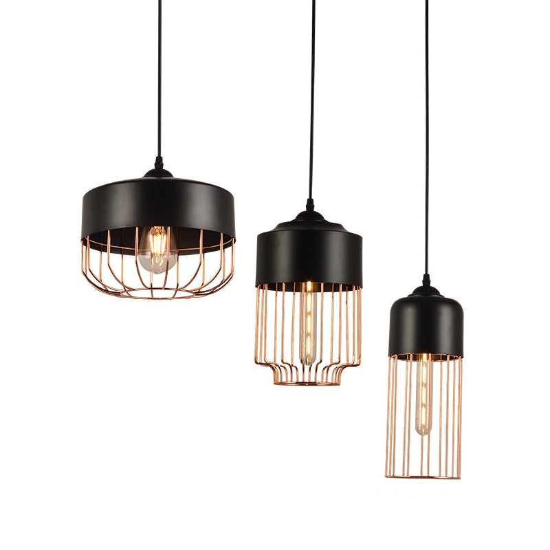 Iron Geometrical Cage Pendant Light Antique 1-Light Dining Room Hanging Light Fixture in Black Clearhalo 'Art Deco Pendants' 'Black' 'Cast Iron' 'Ceiling Lights' 'Ceramic' 'Crystal' 'Industrial Pendants' 'Industrial' 'Metal' 'Middle Century Pendants' 'Pendant Lights' 'Pendants' 'Rustic Pendants' 'Tiffany' Lighting' 2057531