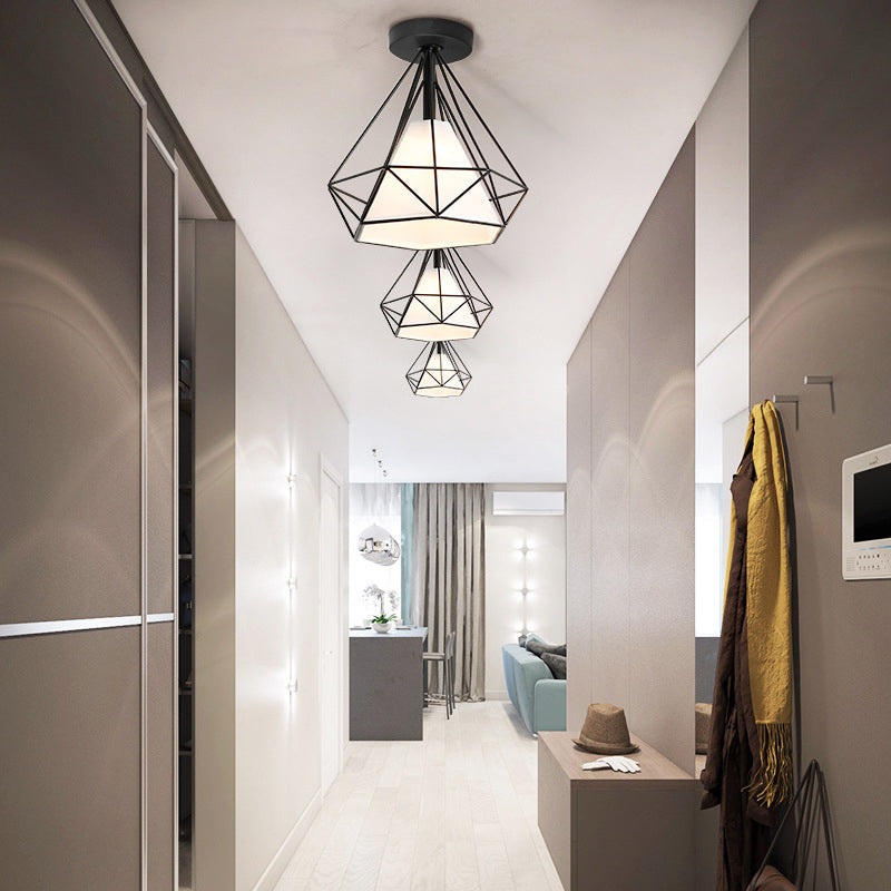 Single Flush Ceiling Light Vintage Diamond Shaped Metal Flush Mount Lighting Fixture with Cone Fabric Shade Black Clearhalo 'Ceiling Lights' 'Close To Ceiling Lights' 'Close to ceiling' 'Flush mount' 'Industrial Flush Mount' Lighting' 2057556