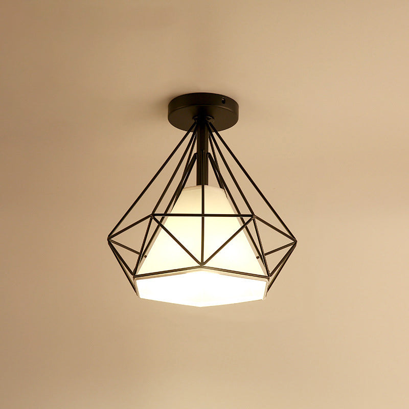 Single Flush Ceiling Light Vintage Diamond Shaped Metal Flush Mount Lighting Fixture with Cone Fabric Shade Clearhalo 'Ceiling Lights' 'Close To Ceiling Lights' 'Close to ceiling' 'Flush mount' 'Industrial Flush Mount' Lighting' 2057559