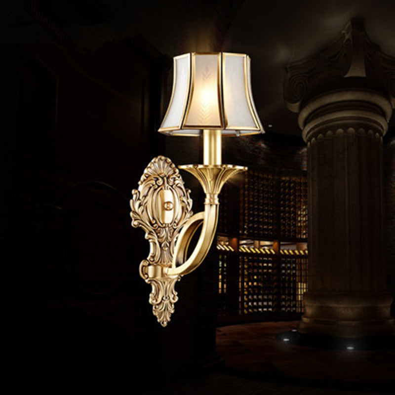 Frost Glass Flare Shaped Wall Mounted Light Classic Corridor Wall Lighting in Gold 1.0 Gold Clearhalo 'Wall Lamps & Sconces' 'Wall Lights' Lighting' 2057611