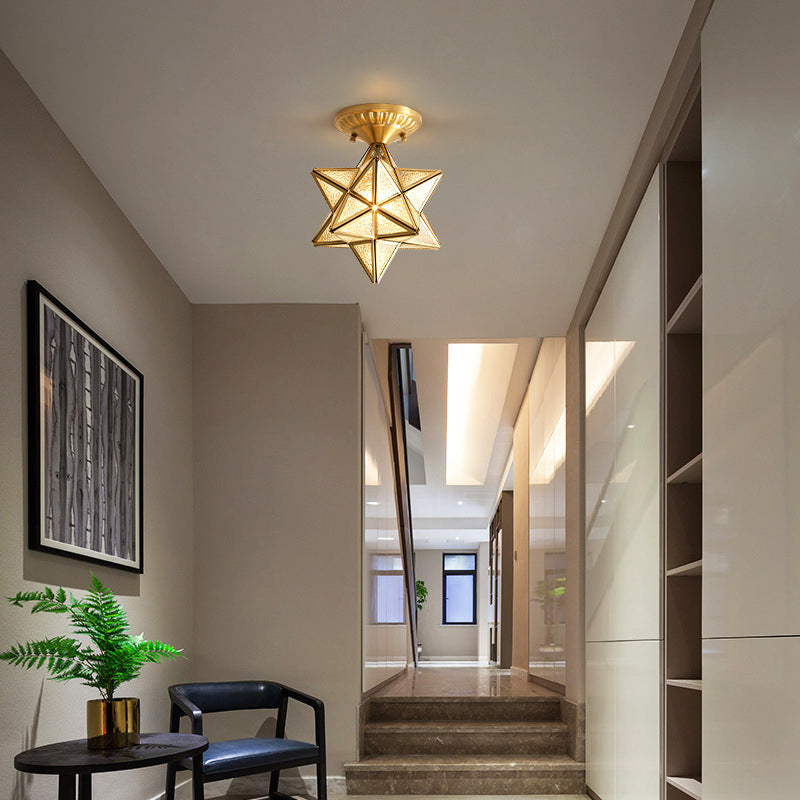 Star Shaped Ripple Glass Semi Flush Light Traditional 1-Light Dining Room Ceiling Flush Mount in Gold Gold Flushmount Clearhalo 'Ceiling Lights' 'Close To Ceiling Lights' 'Close to ceiling' 'Semi-flushmount' Lighting' 2057657