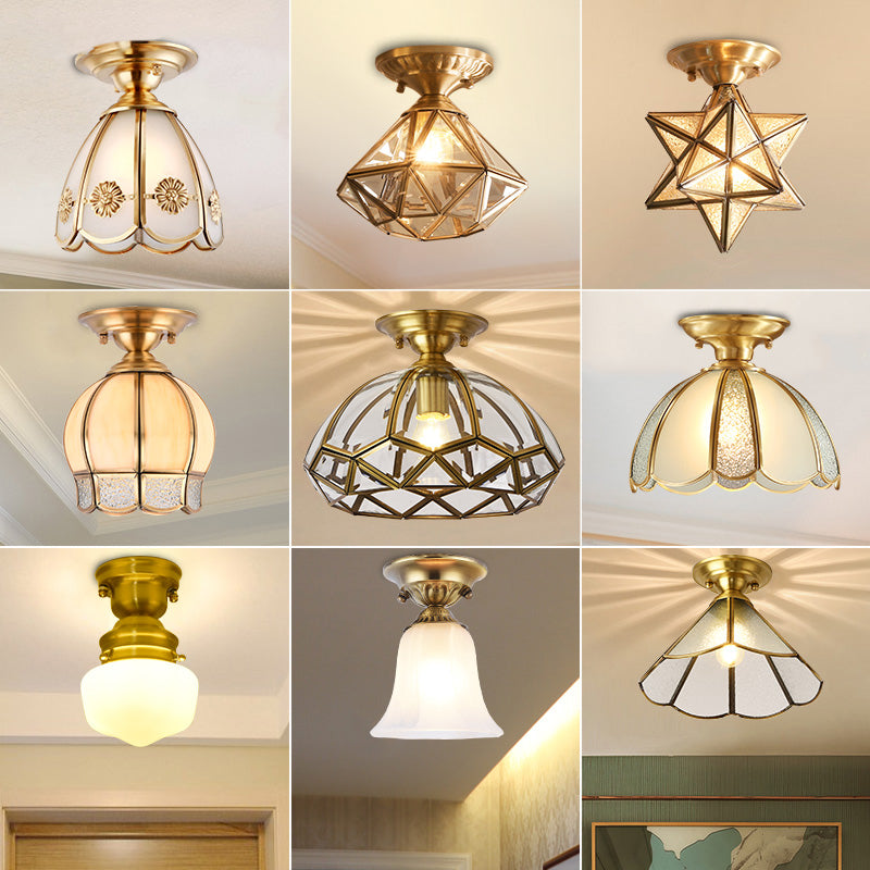 Traditional Scalloped Semi Flush Light 1��Head Metal Ceiling Flush Mount in Brass Clearhalo 'Ceiling Lights' 'Close To Ceiling Lights' 'Close to ceiling' 'Semi-flushmount' Lighting' 2057682