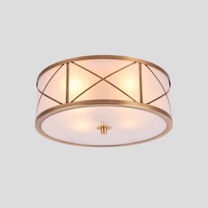 Cream Glass Drum Shaped Flush Mount Lighting Classic Corridor Flush Mount Fixture in Gold Clearhalo 'Ceiling Lights' 'Close To Ceiling Lights' 'Close to ceiling' 'Flush mount' Lighting' 2057704