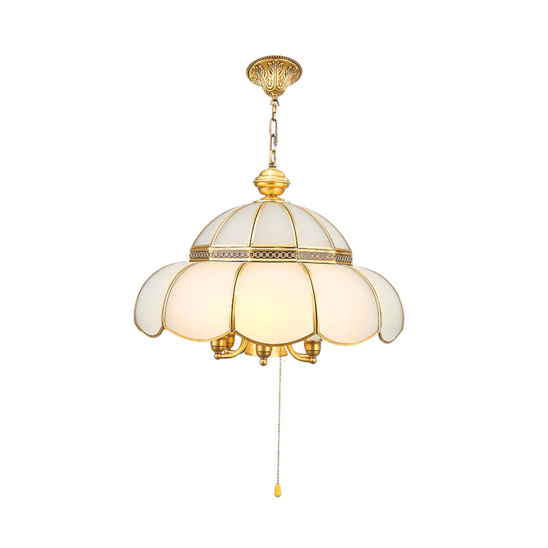 6 Bulbs Cream Glass Suspension Light Traditional Gold Scalloped Corridor Chandelier Light with Pull Chain Clearhalo 'Ceiling Lights' 'Chandeliers' Lighting' options 2058148