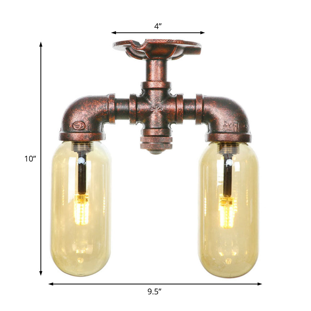 Capsule Shade Amber Glass Semi Flush Industrial 2-Bulb Dining Room Light Fixture in Weathered Copper Clearhalo 'Ceiling Lights' 'Close To Ceiling Lights' 'Close to ceiling' 'Semi-flushmount' Lighting' 206006