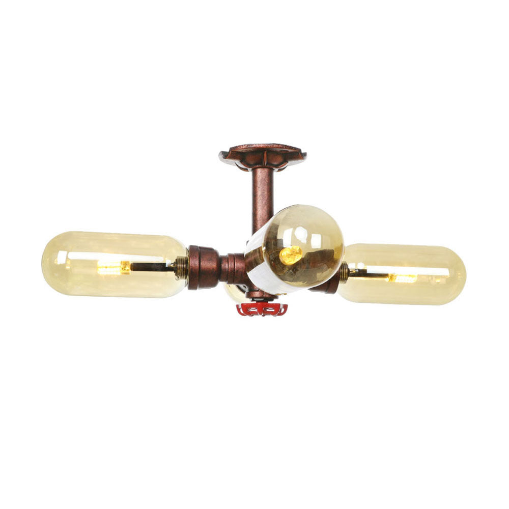 Antique Copper 4/6 Lights Ceiling Mount Rustic Style Amber Glass Sputnik Semi Flush Light Clearhalo 'Ceiling Lights' 'Close To Ceiling Lights' 'Close to ceiling' 'Semi-flushmount' Lighting' 206045