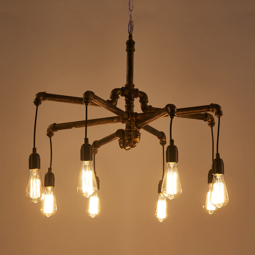 Aged Silver/Bronze Pipe Chandelier Lamp with Exposed Bulb Rustic Wrought Iron 6/8 Heads Indoor Hanging Light Clearhalo 'Cast Iron' 'Ceiling Lights' 'Chandeliers' 'Industrial Chandeliers' 'Industrial' 'Metal' 'Middle Century Chandeliers' 'Rustic Chandeliers' 'Tiffany' Lighting' 20611