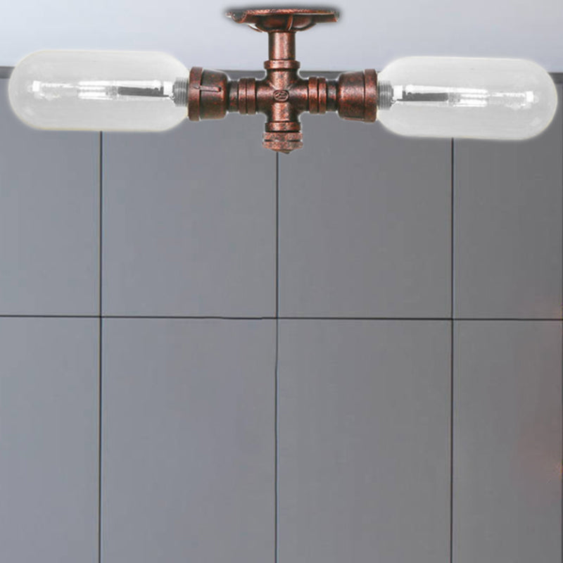 Capsule Dining Room Semi Flush Industrial Clear Glass 2 Lights Weathered Copper Ceiling Lighting with Pipe Design Clearhalo 'Ceiling Lights' 'Close To Ceiling Lights' 'Close to ceiling' 'Semi-flushmount' Lighting' 206196