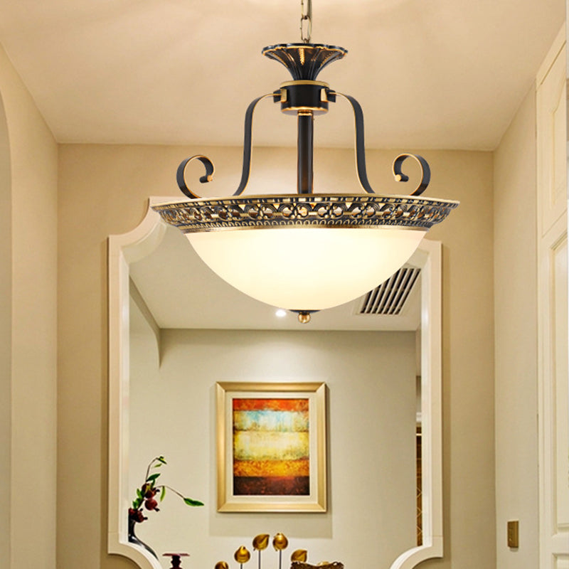 Metal Gray and Black Pendant Lamp Bowl 3 Light Traditional Chandelier Light Fixture with Frosted Glass Shade Clearhalo 'Ceiling Lights' 'Chandeliers' Lighting' options 206268