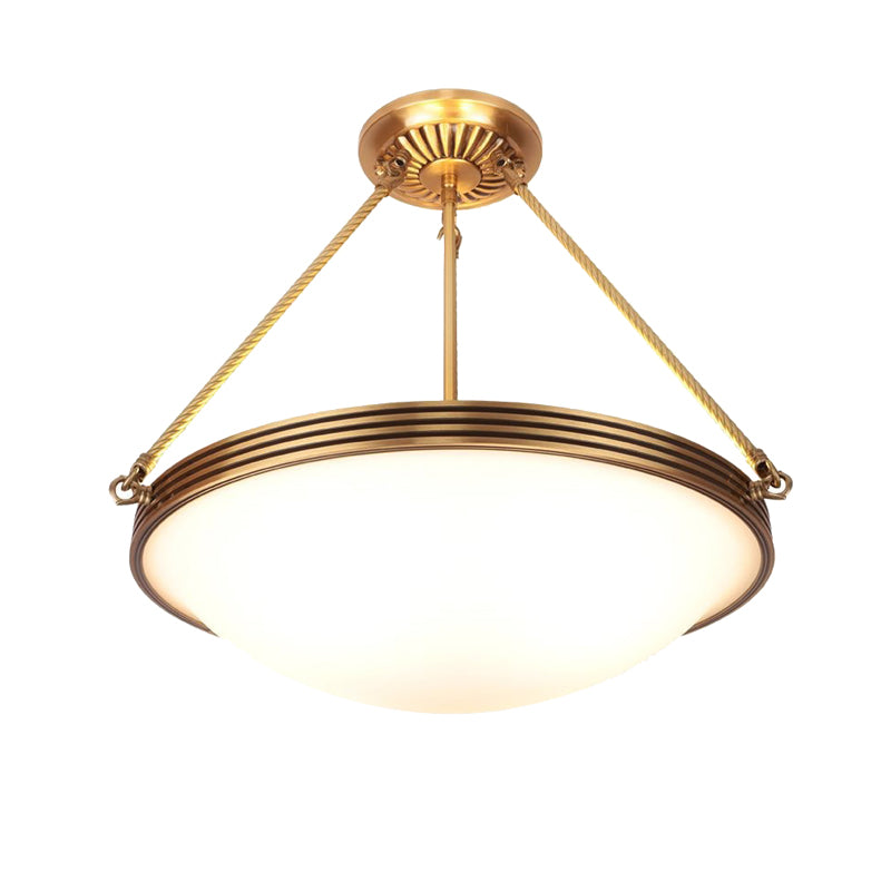 4-Light Opal Glass Hanging Chandelier Traditional Brass Bowl Living Room Pendant Light Fixture, 15"/19" Wide Clearhalo 'Ceiling Lights' 'Chandeliers' 'Glass shade' 'Glass' Lighting' 206302