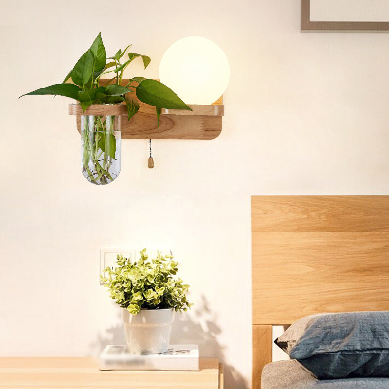 Geometric Pull Chain Wall Sconce Simplicity White Glass Single Corridor Wall Mounted Light in Wood White Globe Right Clearhalo 'Industrial wall lights' 'Industrial' 'Middle century wall lights' 'Tiffany' 'Wall Lamps & Sconces' 'Wall Lights' Lighting' 2063546