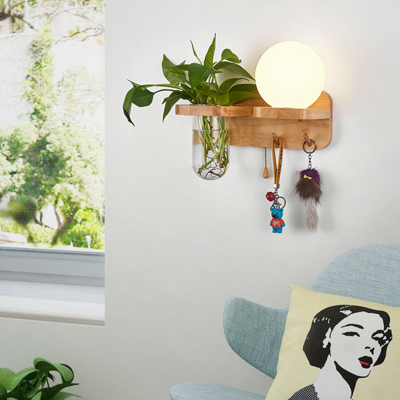 Geometric Pull Chain Wall Sconce Simplicity White Glass Single Corridor Wall Mounted Light in Wood Clearhalo 'Industrial wall lights' 'Industrial' 'Middle century wall lights' 'Tiffany' 'Wall Lamps & Sconces' 'Wall Lights' Lighting' 2063547