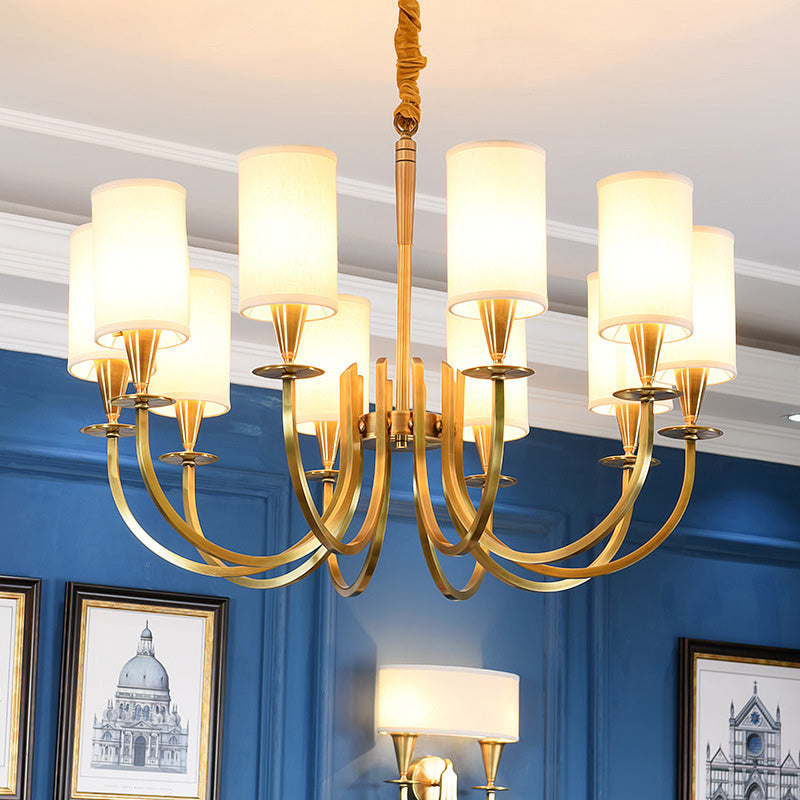 Curved Arm Metal Suspension Light Artistic Antique Brass Chandelier Light with Cylinder Fabric Shade Clearhalo 'Ceiling Lights' 'Chandeliers' 'Modern Chandeliers' 'Modern' Lighting' 2063583