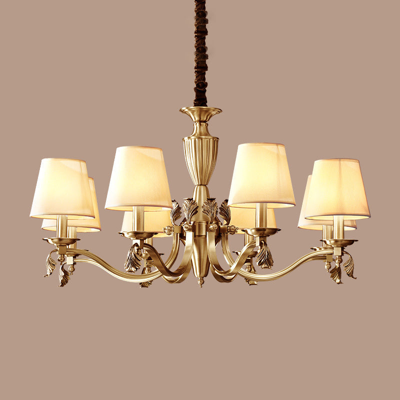 Brass Candelabra Ceiling Lighting Modern Metallic Chandelier Light Fixture with Tapered Fabric Shade Clearhalo 'Ceiling Lights' 'Chandeliers' 'Modern Chandeliers' 'Modern' Lighting' 2063591
