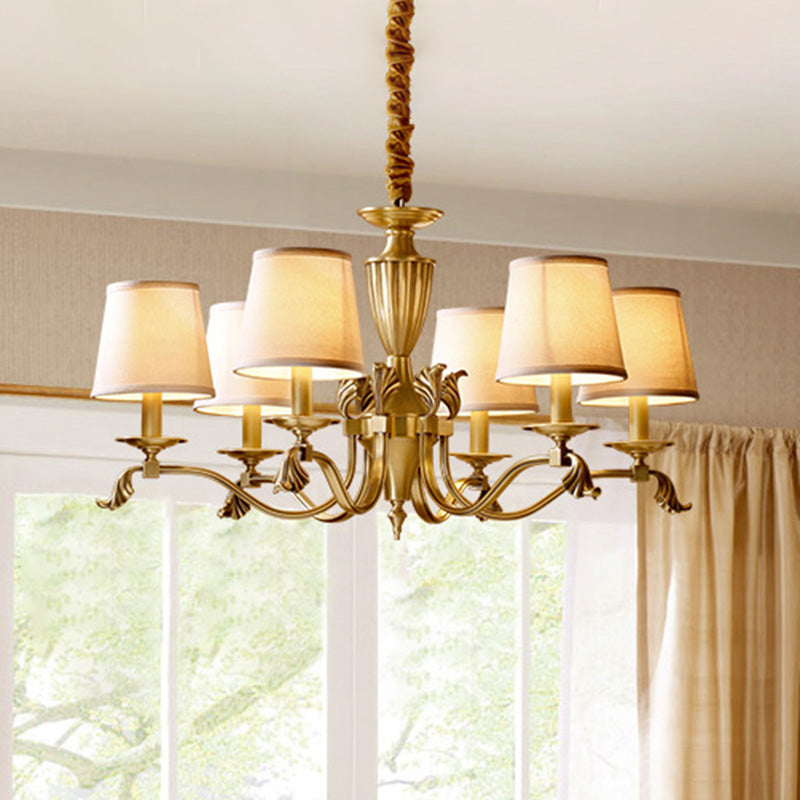 Brass Candelabra Ceiling Lighting Modern Metallic Chandelier Light Fixture with Tapered Fabric Shade 6 Brass Clearhalo 'Ceiling Lights' 'Chandeliers' 'Modern Chandeliers' 'Modern' Lighting' 2063593
