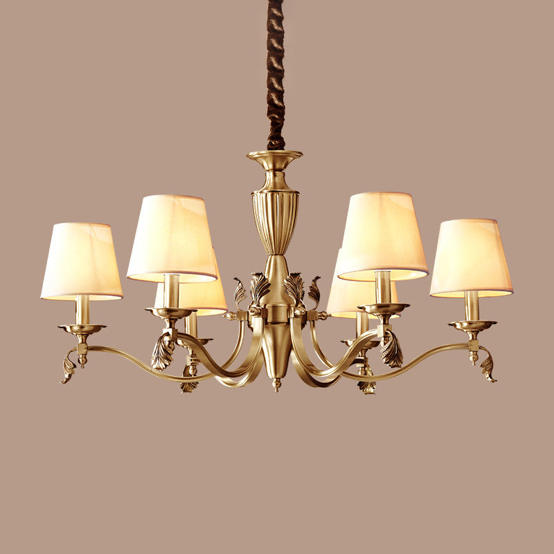 Brass Candelabra Ceiling Lighting Modern Metallic Chandelier Light Fixture with Tapered Fabric Shade Clearhalo 'Ceiling Lights' 'Chandeliers' 'Modern Chandeliers' 'Modern' Lighting' 2063594