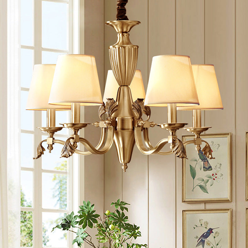 Brass Candelabra Ceiling Lighting Modern Metallic Chandelier Light Fixture with Tapered Fabric Shade 5 Brass Clearhalo 'Ceiling Lights' 'Chandeliers' 'Modern Chandeliers' 'Modern' Lighting' 2063595