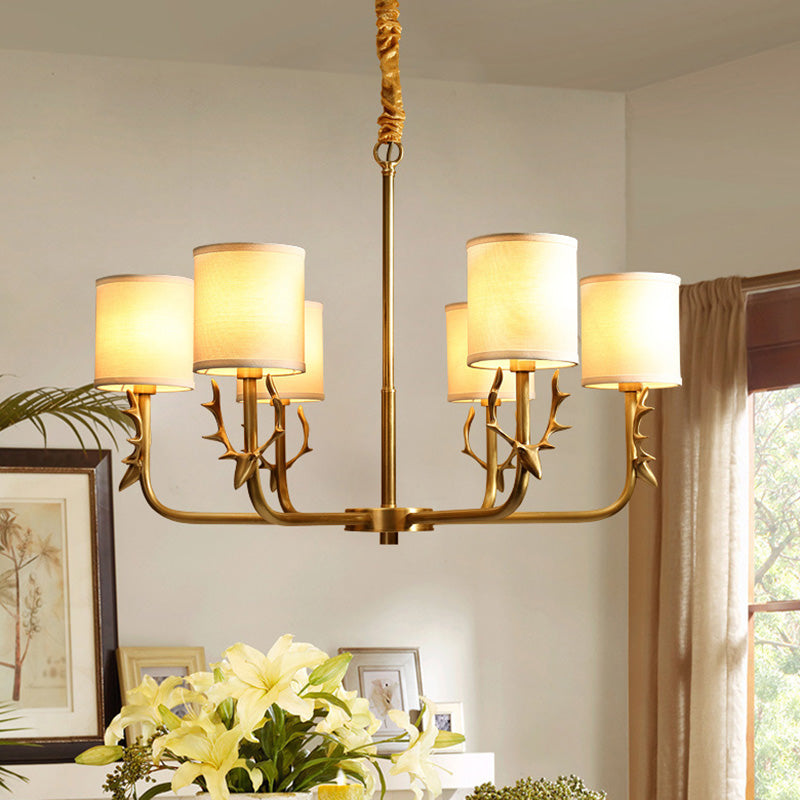 Modern Cylinder Shaped Suspension Light Fabric Living Room Chandelier Light Fixture with Antler Decor 6 Gold Clearhalo 'Ceiling Lights' 'Chandeliers' 'Modern Chandeliers' 'Modern' Lighting' 2063614