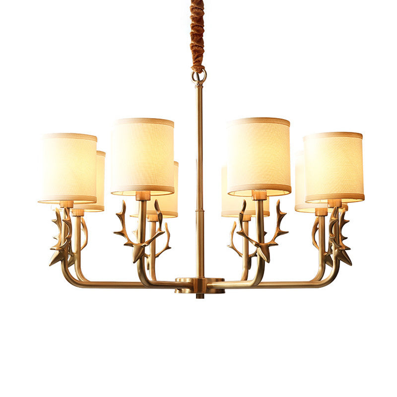 Modern Cylinder Shaped Suspension Light Fabric Living Room Chandelier Light Fixture with Antler Decor Clearhalo 'Ceiling Lights' 'Chandeliers' 'Modern Chandeliers' 'Modern' Lighting' 2063618