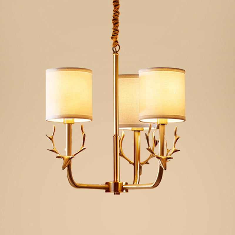 Modern Cylinder Shaped Suspension Light Fabric Living Room Chandelier Light Fixture with Antler Decor 3 Gold Clearhalo 'Ceiling Lights' 'Chandeliers' 'Modern Chandeliers' 'Modern' Lighting' 2063620