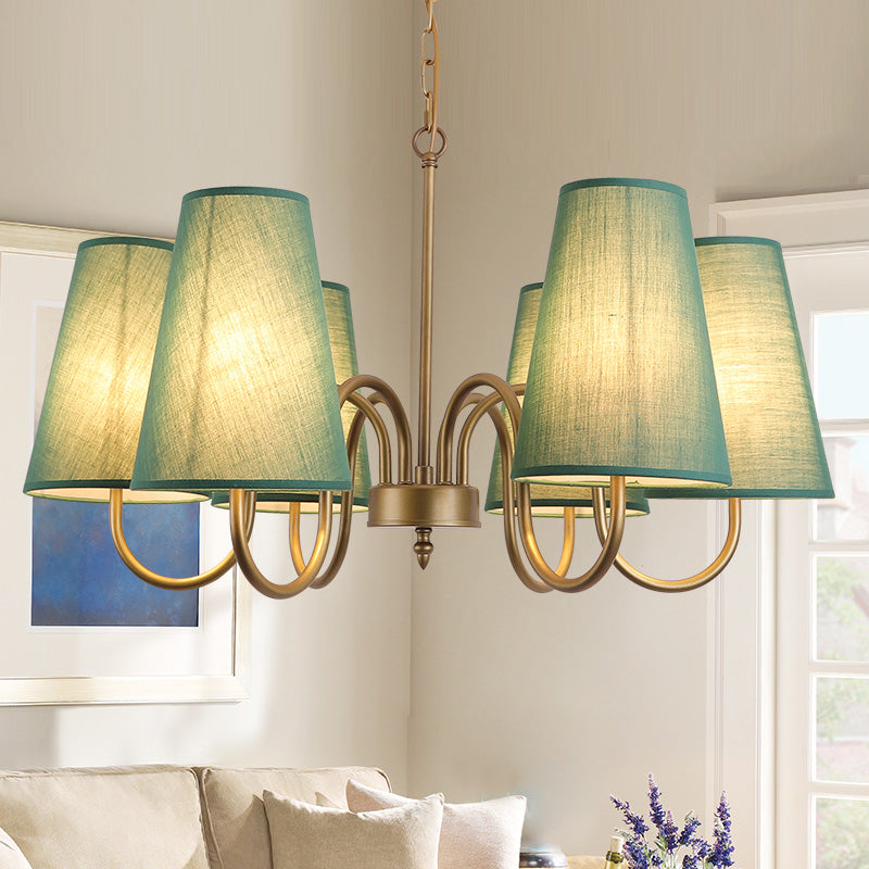 Curvy Arm Living Room Suspension Light Metal 6 Bulbs Artistic Chandelier Light with Bucket Fabric Shade Blackish Green Clearhalo 'Ceiling Lights' 'Chandeliers' 'Modern Chandeliers' 'Modern' Lighting' 2063643