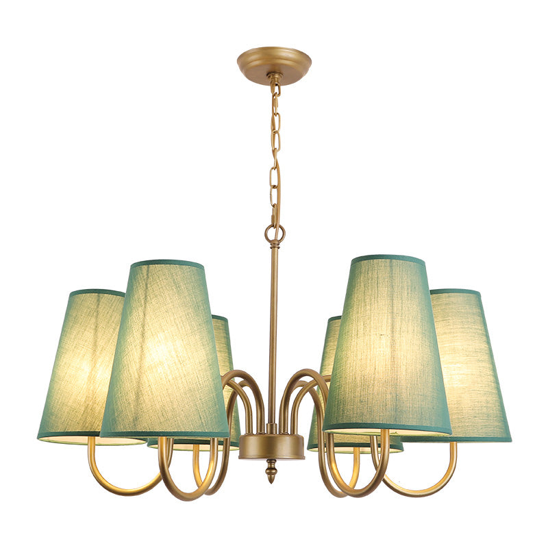 Curvy Arm Living Room Suspension Light Metal 6 Bulbs Artistic Chandelier Light with Bucket Fabric Shade Clearhalo 'Ceiling Lights' 'Chandeliers' 'Modern Chandeliers' 'Modern' Lighting' 2063645