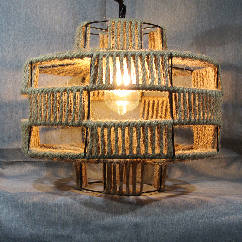 Lantern Shaped Restaurant Pendant Light Antique Hemp Rope 1-Light Beige Hanging Light Fixture with Artificial Ivy Clearhalo 'Ceiling Lights' 'Industrial Pendants' 'Industrial' 'Middle Century Pendants' 'Pendant Lights' 'Pendants' 'Tiffany' Lighting' 2063889
