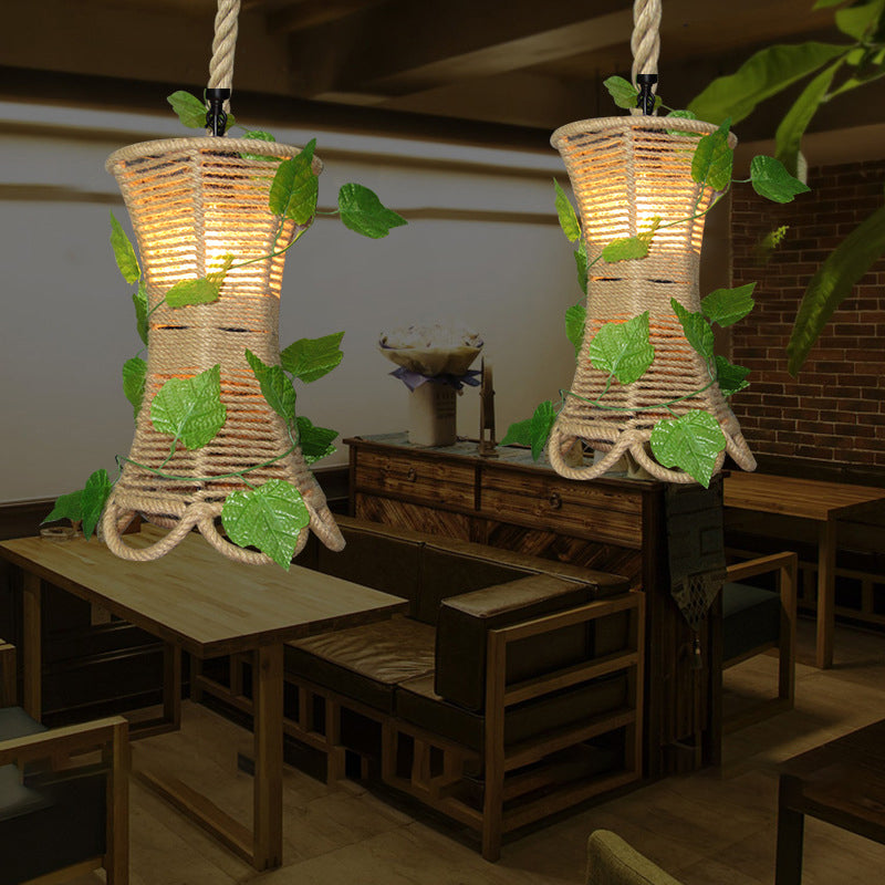 Beige 1��Bulb Hanging Light Rustic Natural Rope Flared Pendant Light Fixture with Artificial Ivy Beige Clearhalo 'Ceiling Lights' 'Industrial Pendants' 'Industrial' 'Middle Century Pendants' 'Pendant Lights' 'Pendants' 'Tiffany' Lighting' 2063892