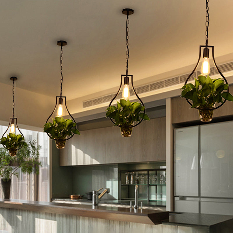 Iron Black Ceiling Light Geometric Shaped 1 Bulb Industrial Hanging Pendant Light with Clear Glass Pot Black B Clearhalo 'Art Deco Pendants' 'Black' 'Cast Iron' 'Ceiling Lights' 'Ceramic' 'Crystal' 'Industrial' 'Metal' 'Pendant Lights' 'Rustic Pendants' 'Tiffany' Lighting' 2063905