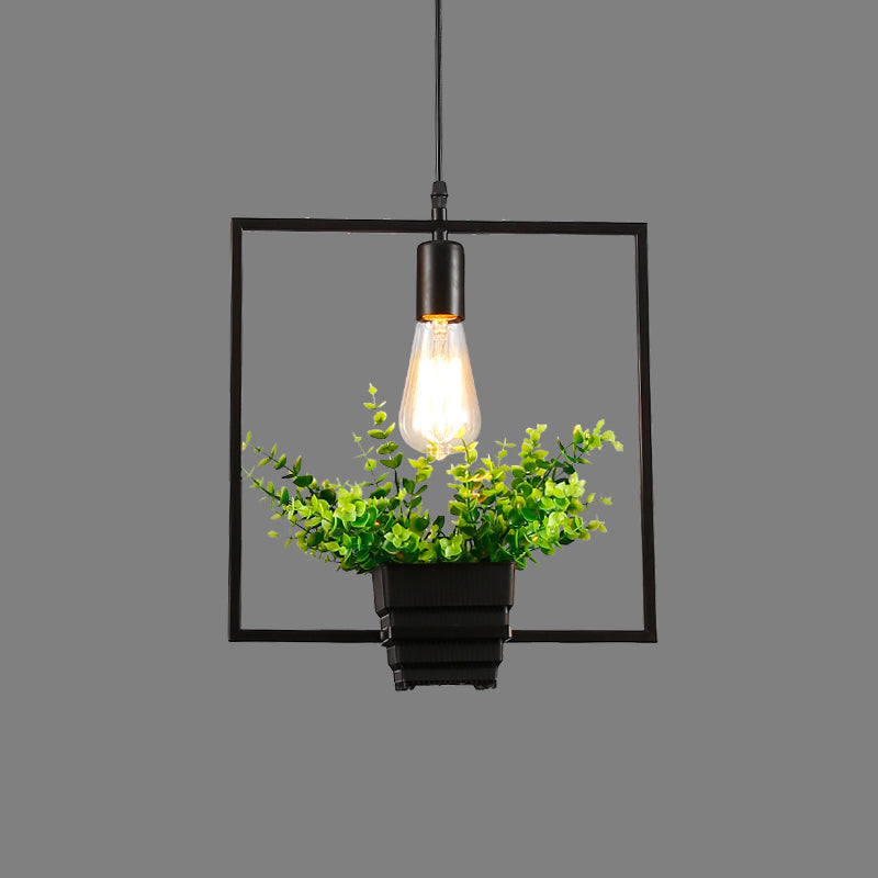 Vintage Geometric Hanging Lamp Single-Bulb Iron Lighting Pendant with Artificial Plant in Black Black B Clearhalo 'Art Deco Pendants' 'Black' 'Cast Iron' 'Ceiling Lights' 'Ceramic' 'Crystal' 'Industrial Pendants' 'Industrial' 'Metal' 'Middle Century Pendants' 'Pendant Lights' 'Pendants' 'Rustic Pendants' 'Tiffany' Lighting' 2063918
