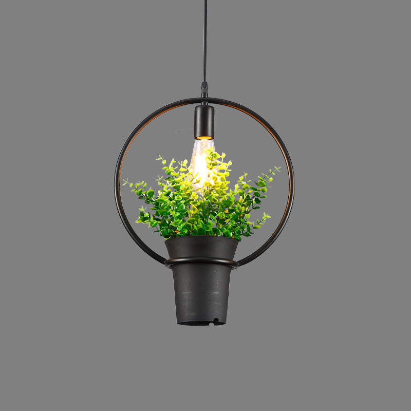 Vintage Geometric Hanging Lamp Single-Bulb Iron Lighting Pendant with Artificial Plant in Black Black C Clearhalo 'Art Deco Pendants' 'Black' 'Cast Iron' 'Ceiling Lights' 'Ceramic' 'Crystal' 'Industrial Pendants' 'Industrial' 'Metal' 'Middle Century Pendants' 'Pendant Lights' 'Pendants' 'Rustic Pendants' 'Tiffany' Lighting' 2063919