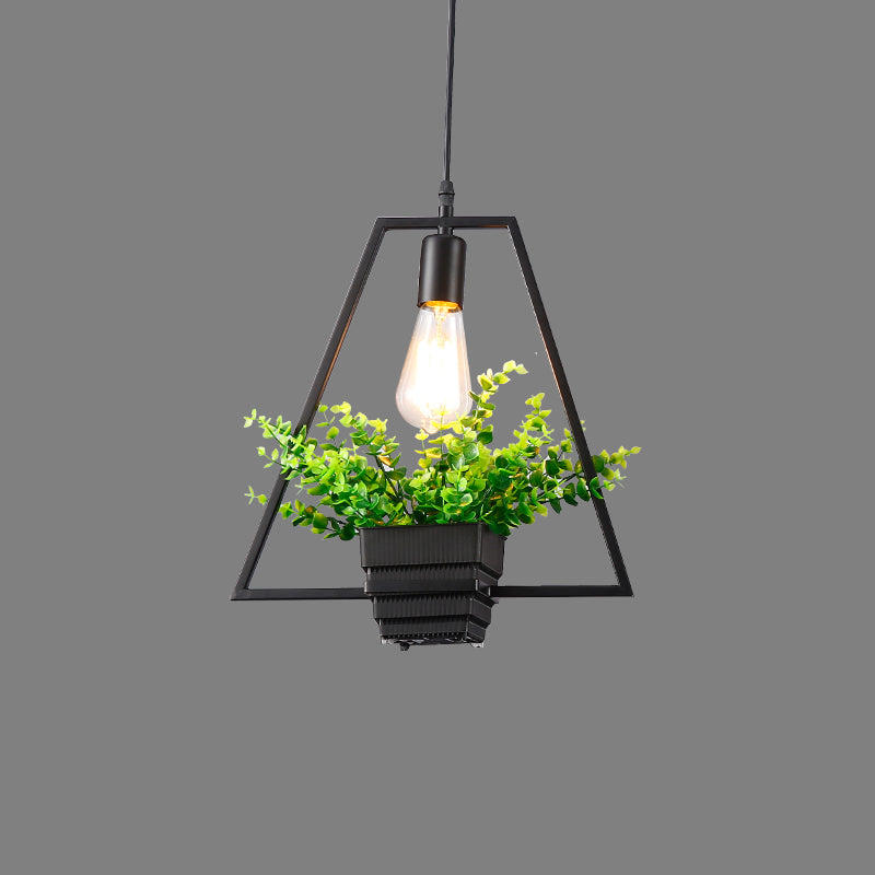 Vintage Geometric Hanging Lamp Single-Bulb Iron Lighting Pendant with Artificial Plant in Black Black E Clearhalo 'Art Deco Pendants' 'Black' 'Cast Iron' 'Ceiling Lights' 'Ceramic' 'Crystal' 'Industrial Pendants' 'Industrial' 'Metal' 'Middle Century Pendants' 'Pendant Lights' 'Pendants' 'Rustic Pendants' 'Tiffany' Lighting' 2063921