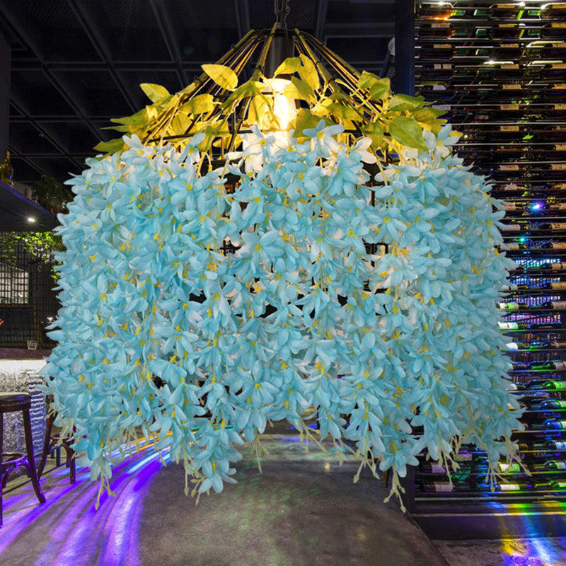 Iron Birdcage Hanging Light Rustic 1��Bulb Restaurant Pendant Light Fixture with Artificial Flower Blue Clearhalo 'Ceiling Lights' 'Industrial Pendants' 'Industrial' 'Middle Century Pendants' 'Pendant Lights' 'Pendants' 'Tiffany' Lighting' 2063963_a2daab6f-3129-4db1-81d6-76b95962465b