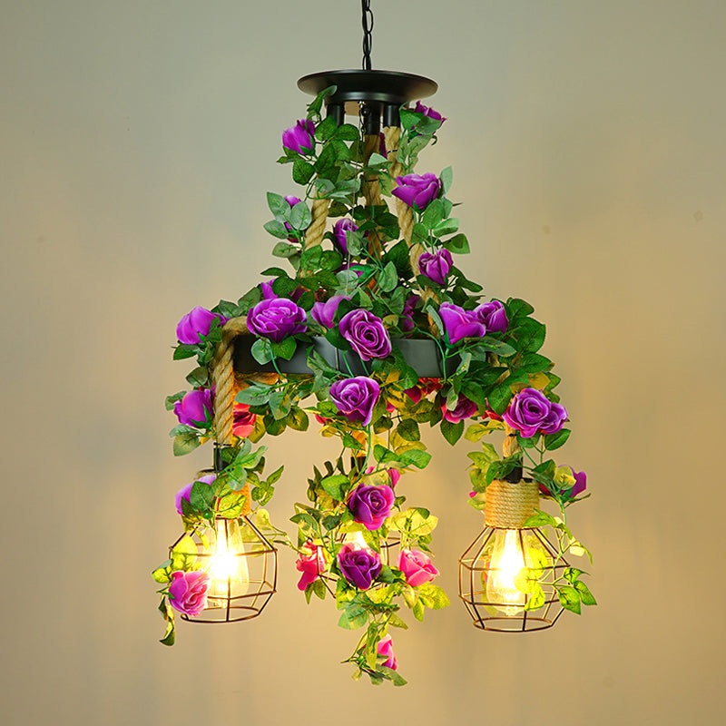 Antique Grenade Cage Chandelier Light 3 Heads Iron Pendant Light Fixture with Plant Decor for Restaurant Purple Clearhalo 'Cast Iron' 'Ceiling Lights' 'Chandeliers' 'Industrial Chandeliers' 'Industrial' 'Metal' 'Middle Century Chandeliers' 'Rustic Chandeliers' 'Tiffany' Lighting' 2064114