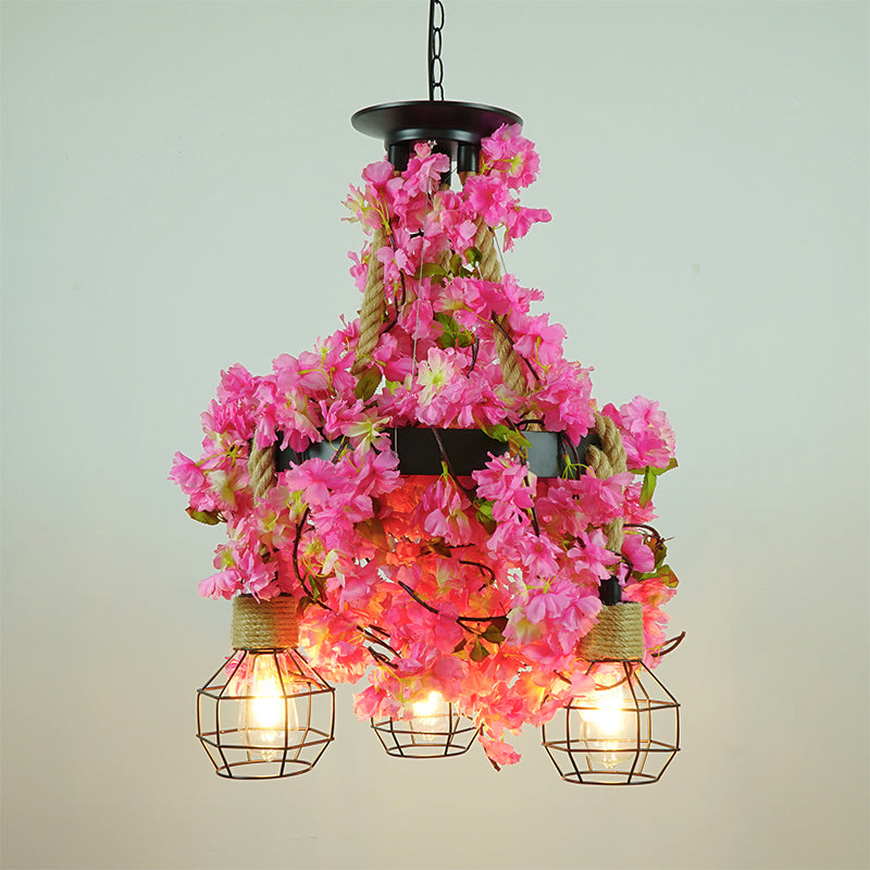 Antique Grenade Cage Chandelier Light 3 Heads Iron Pendant Light Fixture with Plant Decor for Restaurant Rose Red Clearhalo 'Cast Iron' 'Ceiling Lights' 'Chandeliers' 'Industrial Chandeliers' 'Industrial' 'Metal' 'Middle Century Chandeliers' 'Rustic Chandeliers' 'Tiffany' Lighting' 2064116