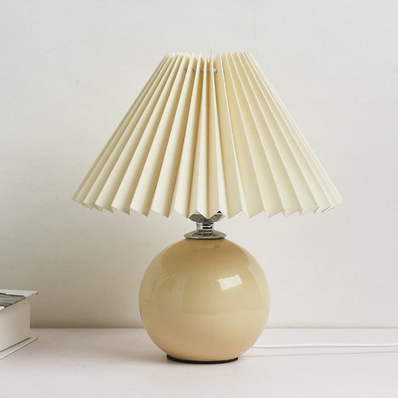 Globe Bedside Table Lamp Ceramic Modern Nightstand Lighting with Conical Pleated Shade Beige A Clearhalo 'Lamps' 'Table Lamps' Lighting' 2064483