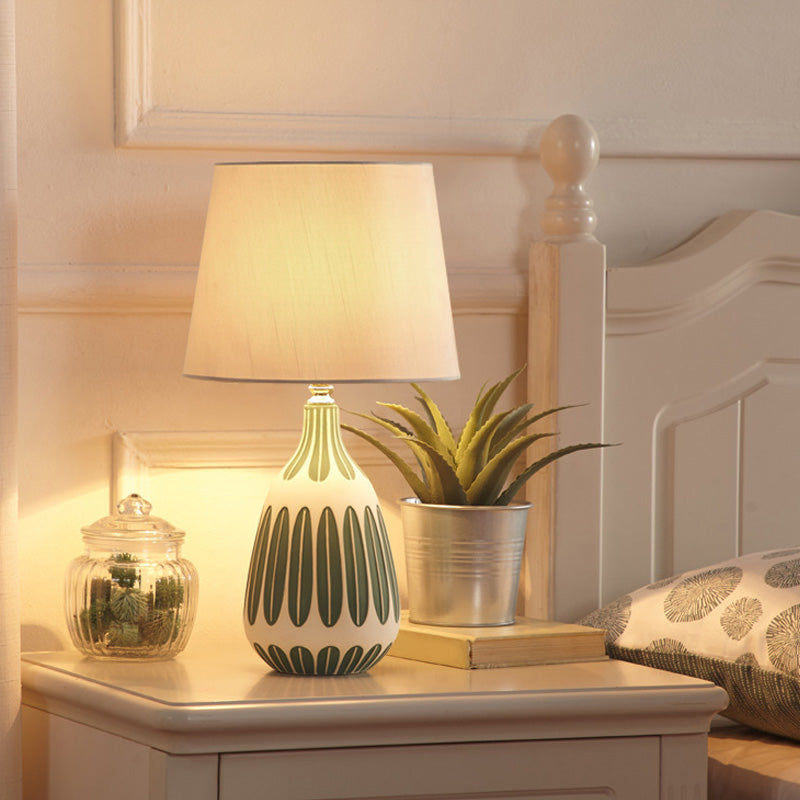 Tapered Shape Table Light Contemporary Fabric 1 Bulb Bedside Nightstand Lamp with Earthenware Base Green B Clearhalo 'Lamps' 'Table Lamps' Lighting' 2064508