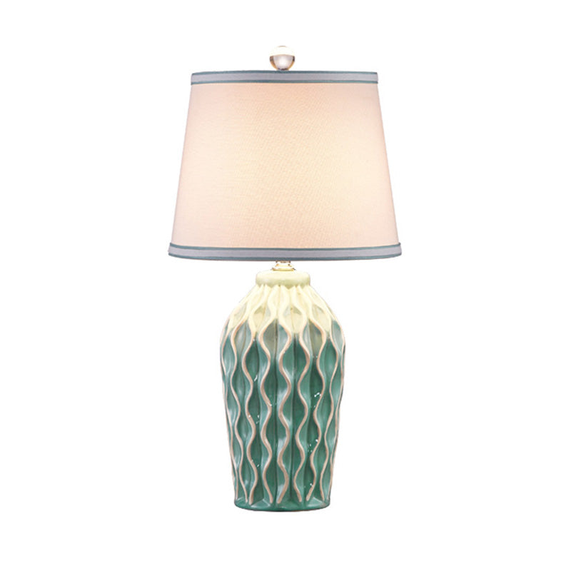 Fabric Conical Shape Table Lamp Nordic Style Single Nightstand Light with Pottery Decor Clearhalo 'Lamps' 'Table Lamps' Lighting' 2064517