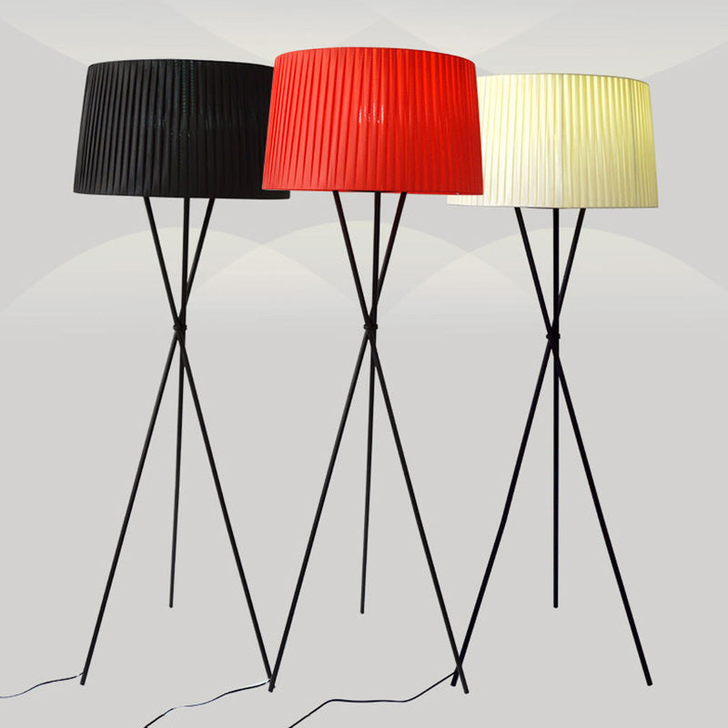 Traditional Pleated Drum Shade Floor Light Single-Bulb Fabric Standing Lamp with Metallic Tripod Clearhalo 'Floor Lamps' 'Lamps' Lighting' 2064714